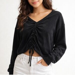 NWOT Aerie Black V-Neck Terry Cloth Ruched Front Sweater Large